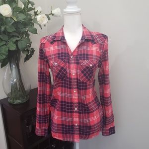American Eagle Red Plaid Shirt Boyfriend Fit
